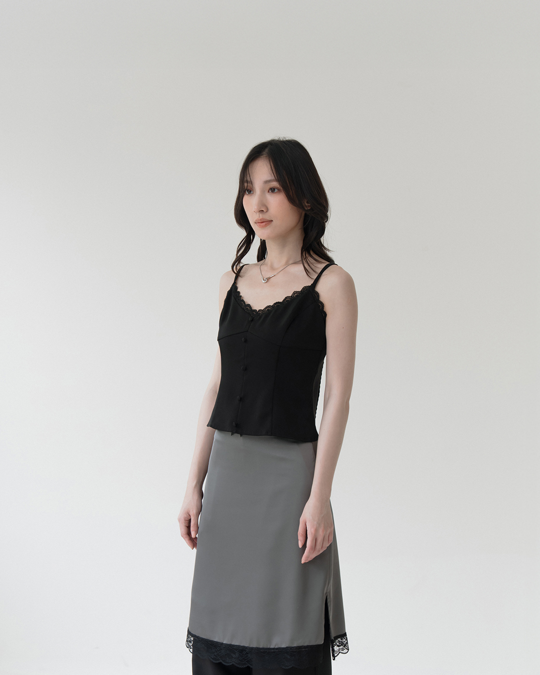 Satin lace trim fitted spaghetti strap vest - black S/M【01099666】in stock+pre-order