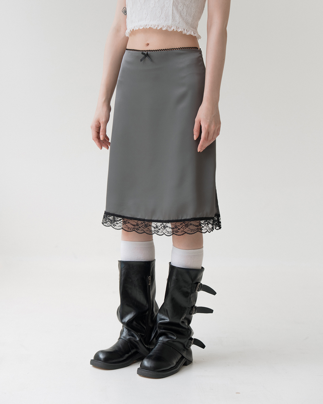 Lace-trimmed satin slit midi skirt, S/M/L【03030266】in stock+pre-order
