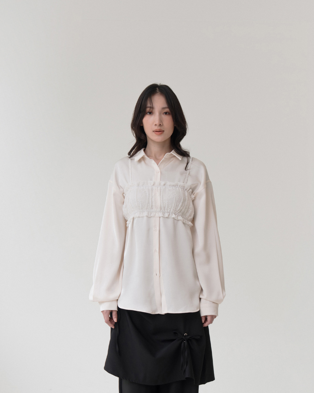 Lace cutout spaghetti strap top/short vest - White S/M【01099669】in stock+pre-order