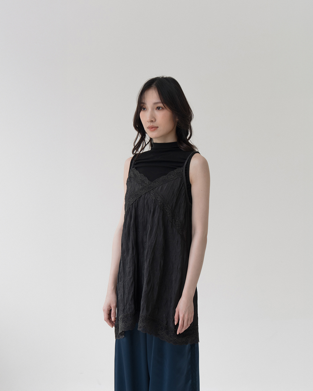 Ruffled sheer lace spaghetti strap cover-up vest - black【01099677】in stock+pre-order