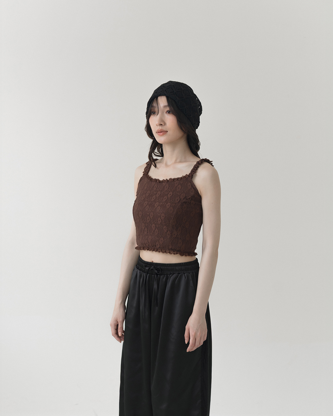 Lace Ruffle Short Vest Top - Coffee【01099675】in stock+pre-order