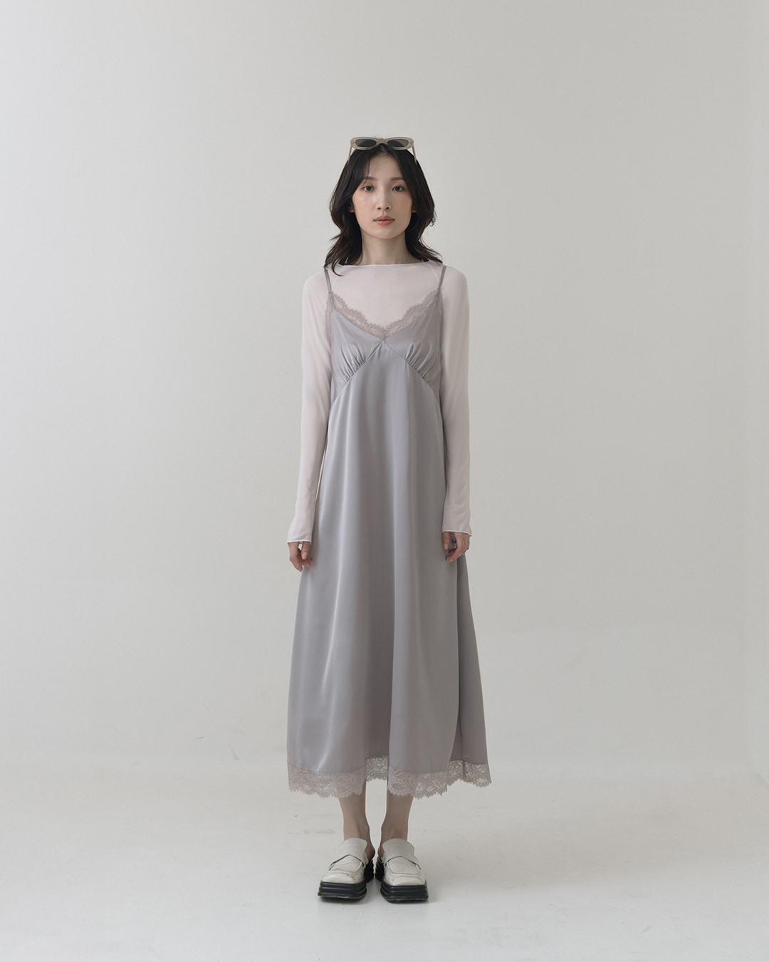 Textured satin lace spaghetti strap maxi dress - gray【01087291】in stock+pre-order