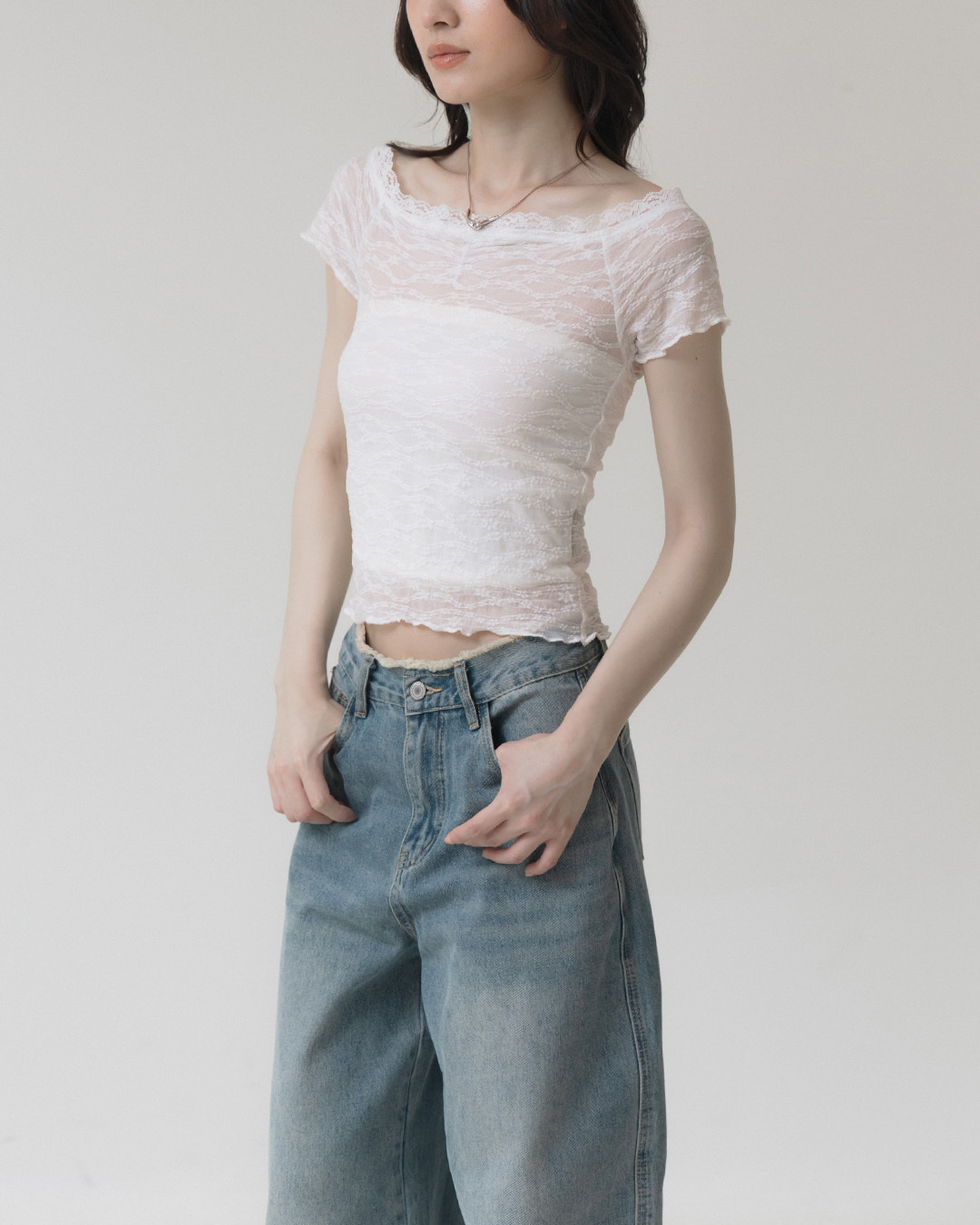 Off-the-shoulder sheer lace fitted top - white【01099662】in stock+pre-order