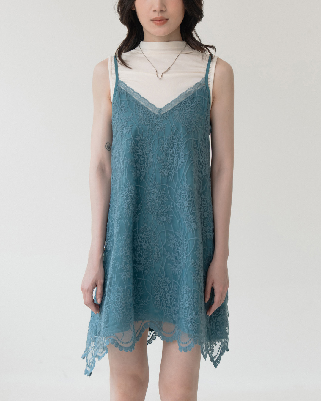 Lace and sheer double-layered spaghetti strap short dress - blue-green S/M【01087294】in stock+pre-order