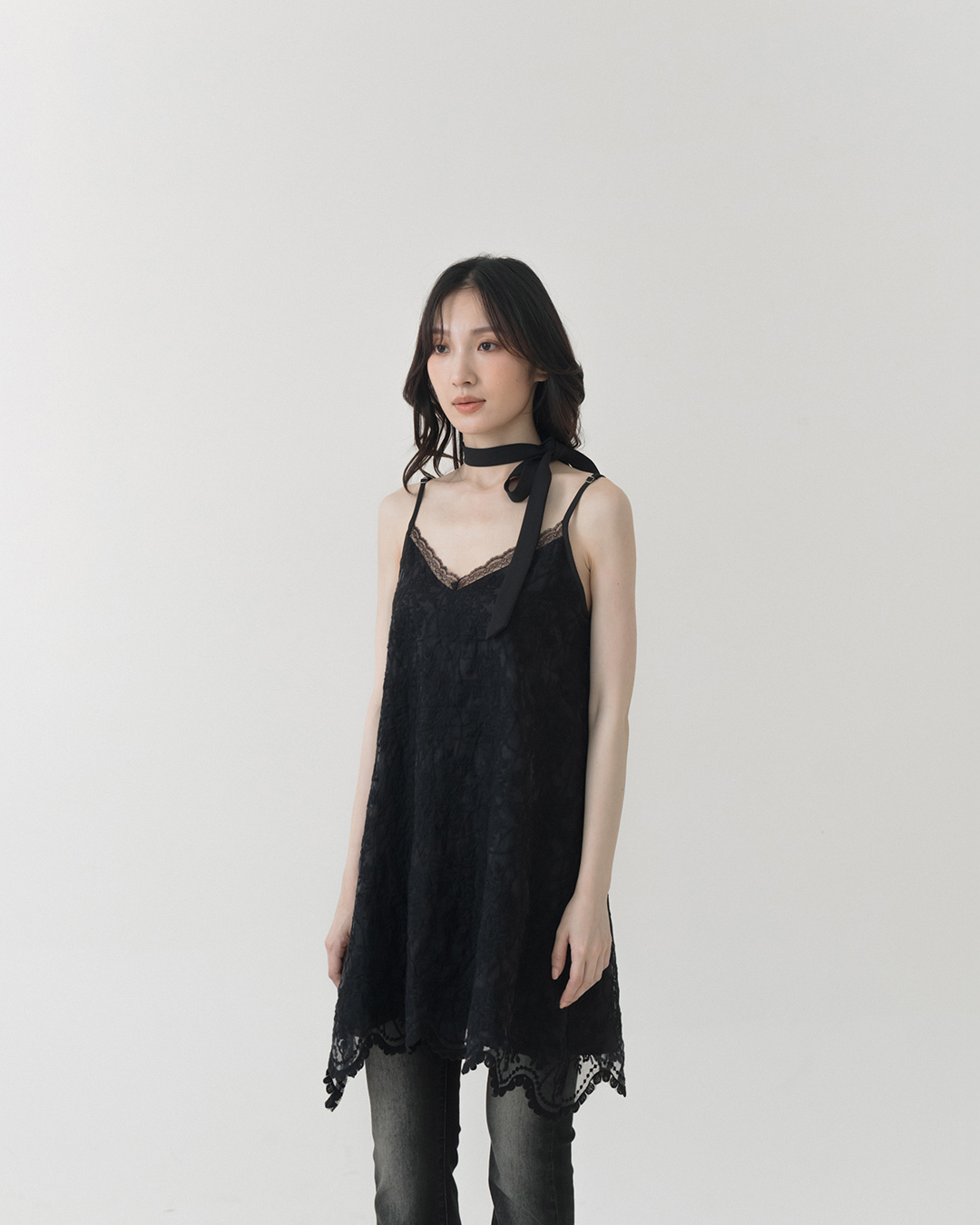 Lace and sheer double-layered spaghetti strap short dress - Black S/M【01087293】in stock+pre-order