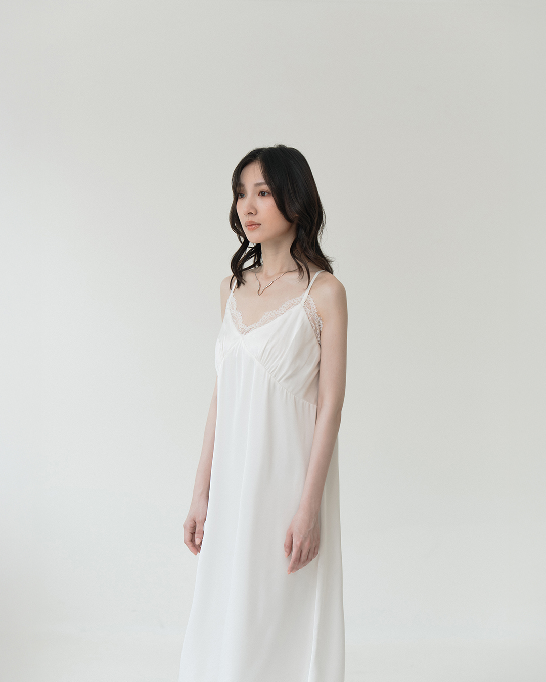 Textured satin lace design, spaghetti strap long dress - white【01087290】in stock+pre-order