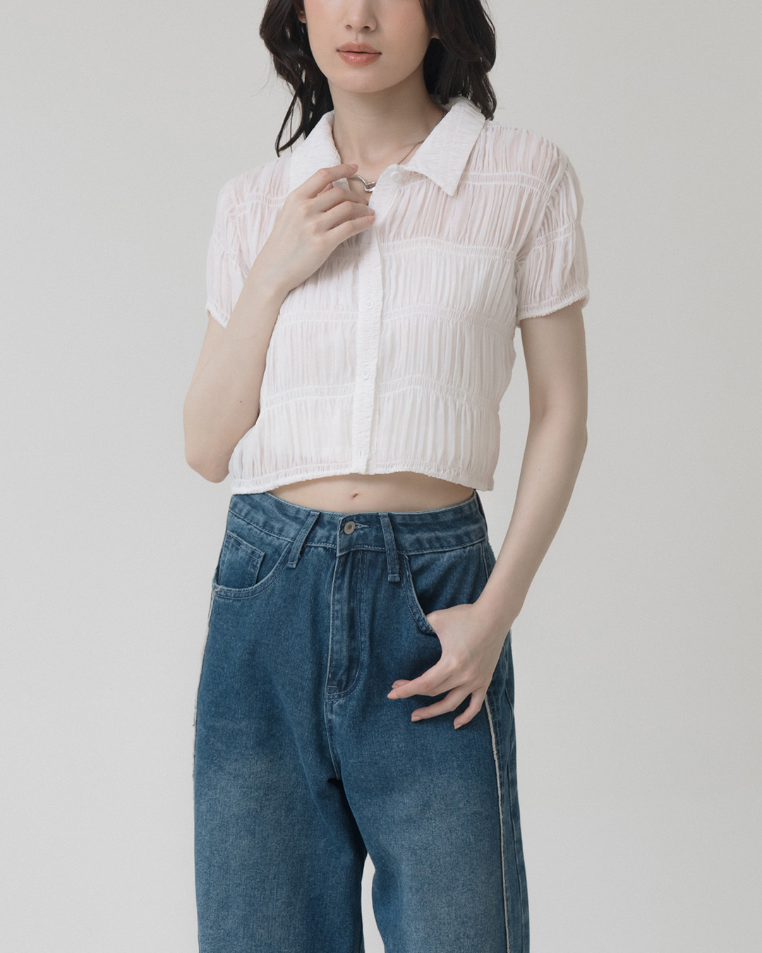 Wrinkled textured mesh sheer short-sleeved shirt - white【01025799】in stock+pre-order