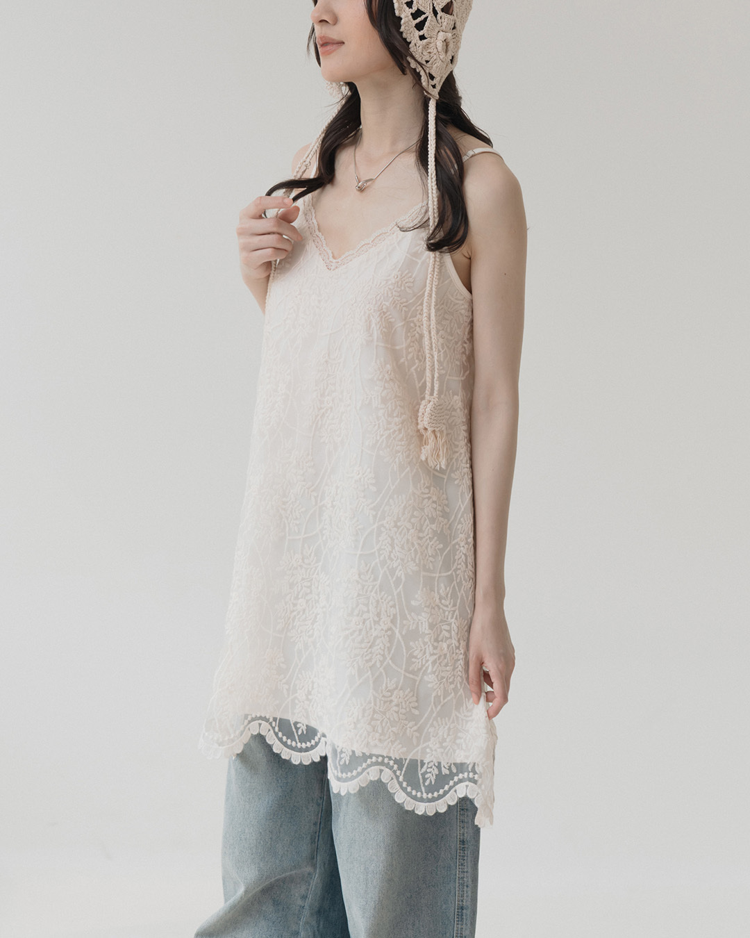 Lace and sheer double-layered spaghetti strap short dress - Apricot S/M【01087292】in stock+pre-order