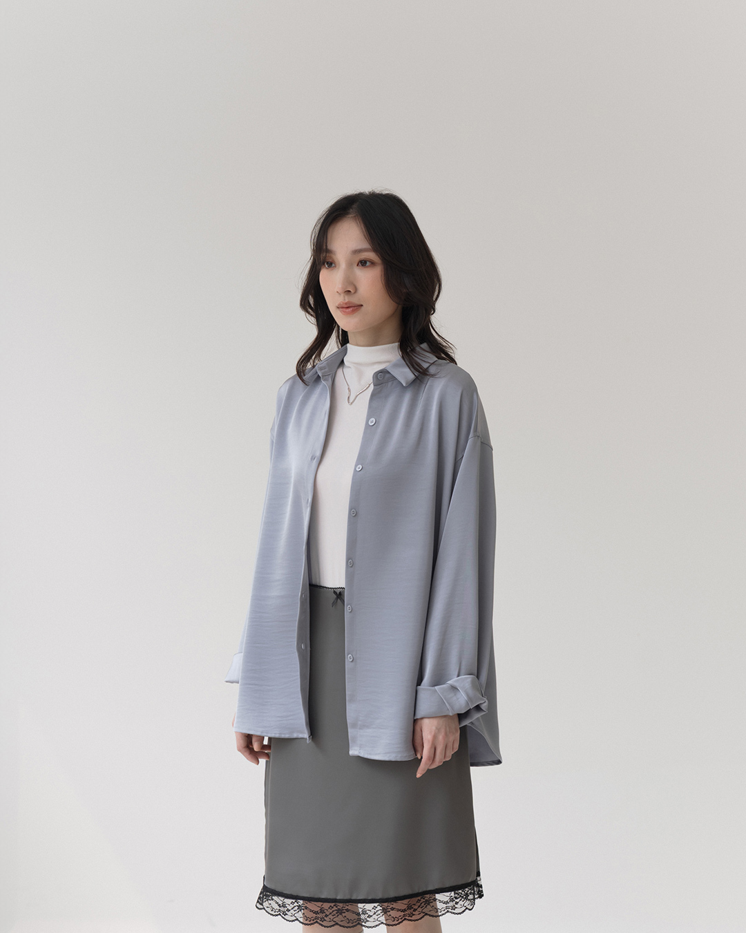 Textured satin wide-sleeved long-sleeved shirt - gray【01025793】in stock+pre-order