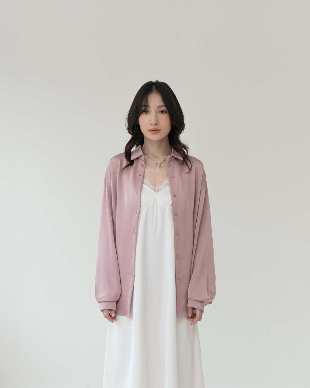 Textured satin wide-sleeved long-sleeved shirt - pink【01025794】in stock+pre-order