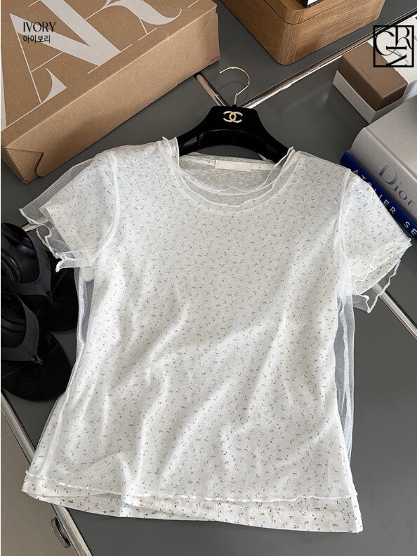配色小碎花圓領棉TEE+歐根紗外搭上衣SET / 3色