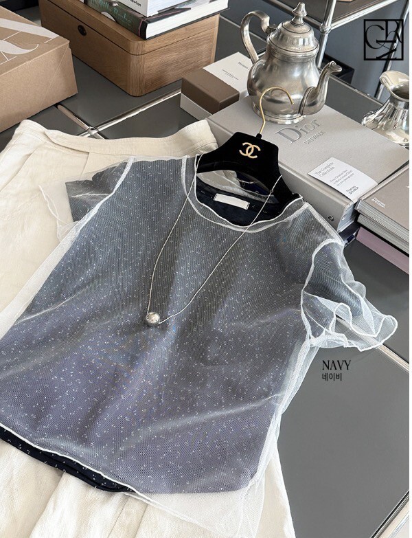 配色小碎花圓領棉TEE+歐根紗外搭上衣SET / 3色