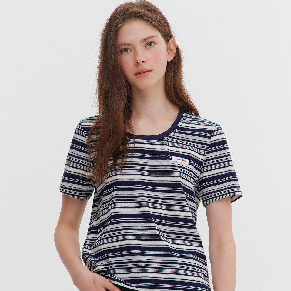 <韓國代購> MARIE CLAIRE MULTI STRIPE U NECK SHORT SLEEVE TEE