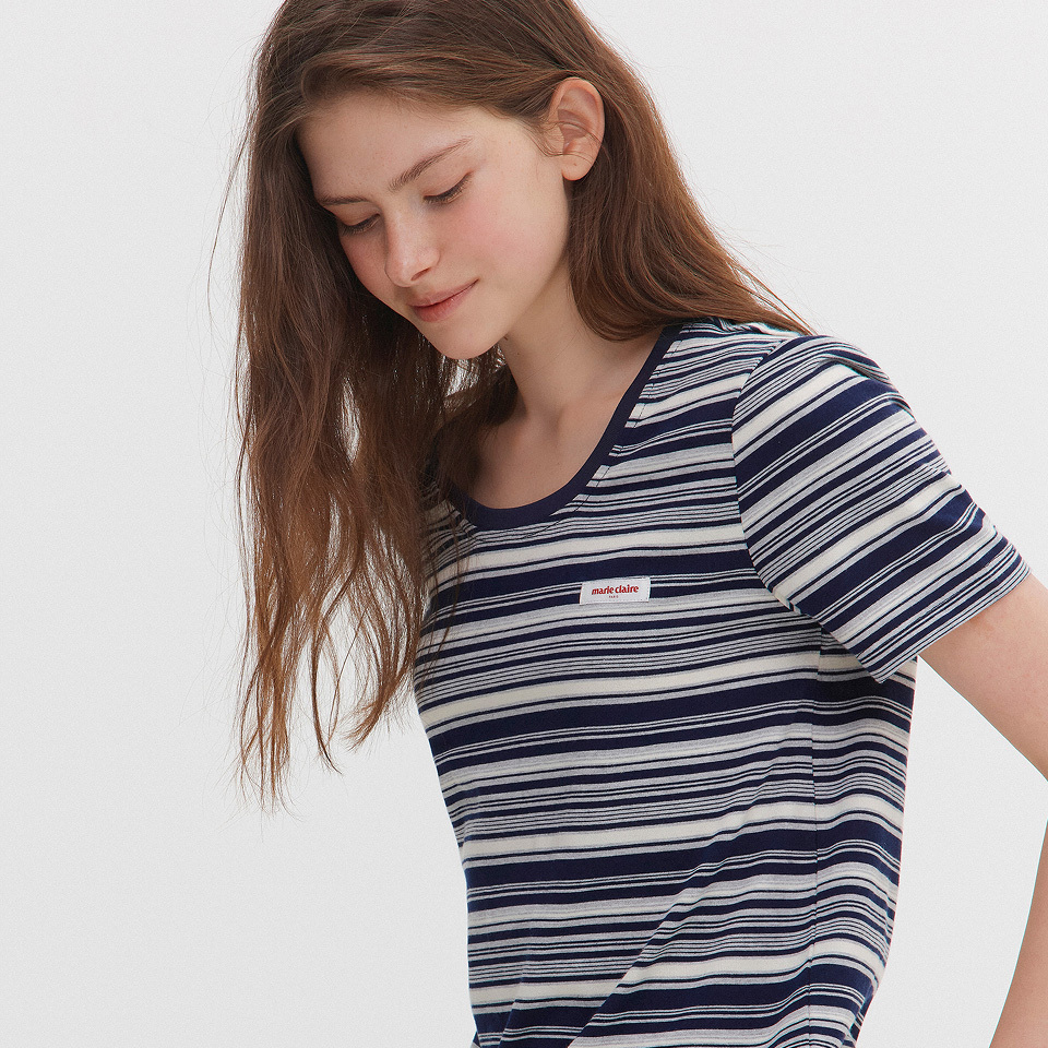 <韓國代購> MARIE CLAIRE MULTI STRIPE U NECK SHORT SLEEVE TEE