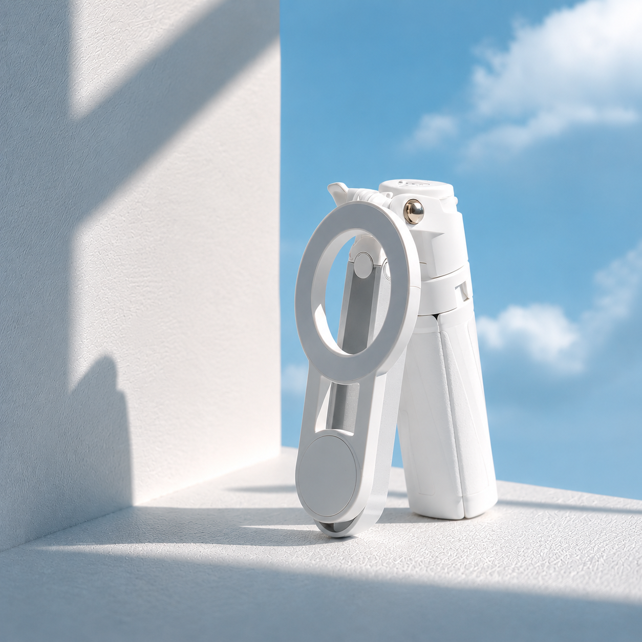White foldable phone stand with ring mount and tripod base against a pale wall
