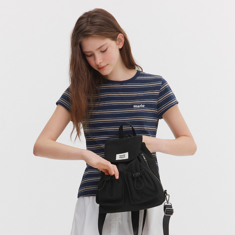 <韓國代購> MARIE CLAIRE SLIM FIT STRIPED CAP SLEEVE SHORT TEE