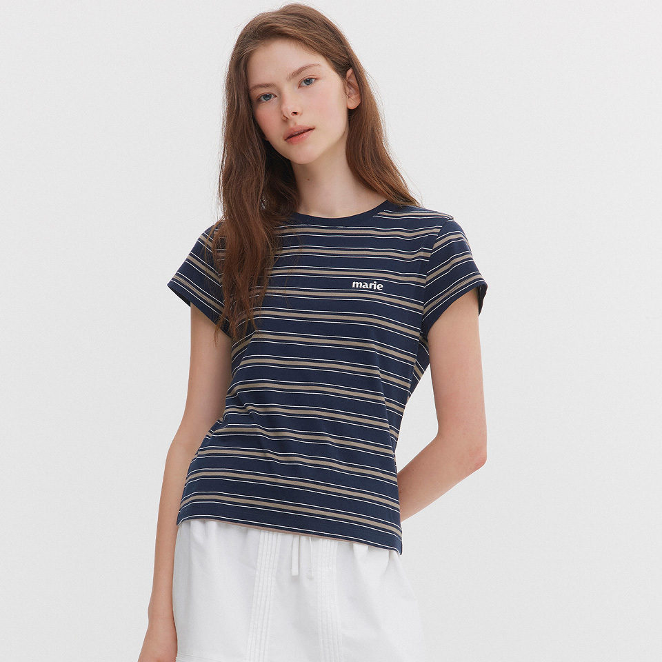 <韓國代購> MARIE CLAIRE SLIM FIT STRIPED CAP SLEEVE SHORT TEE