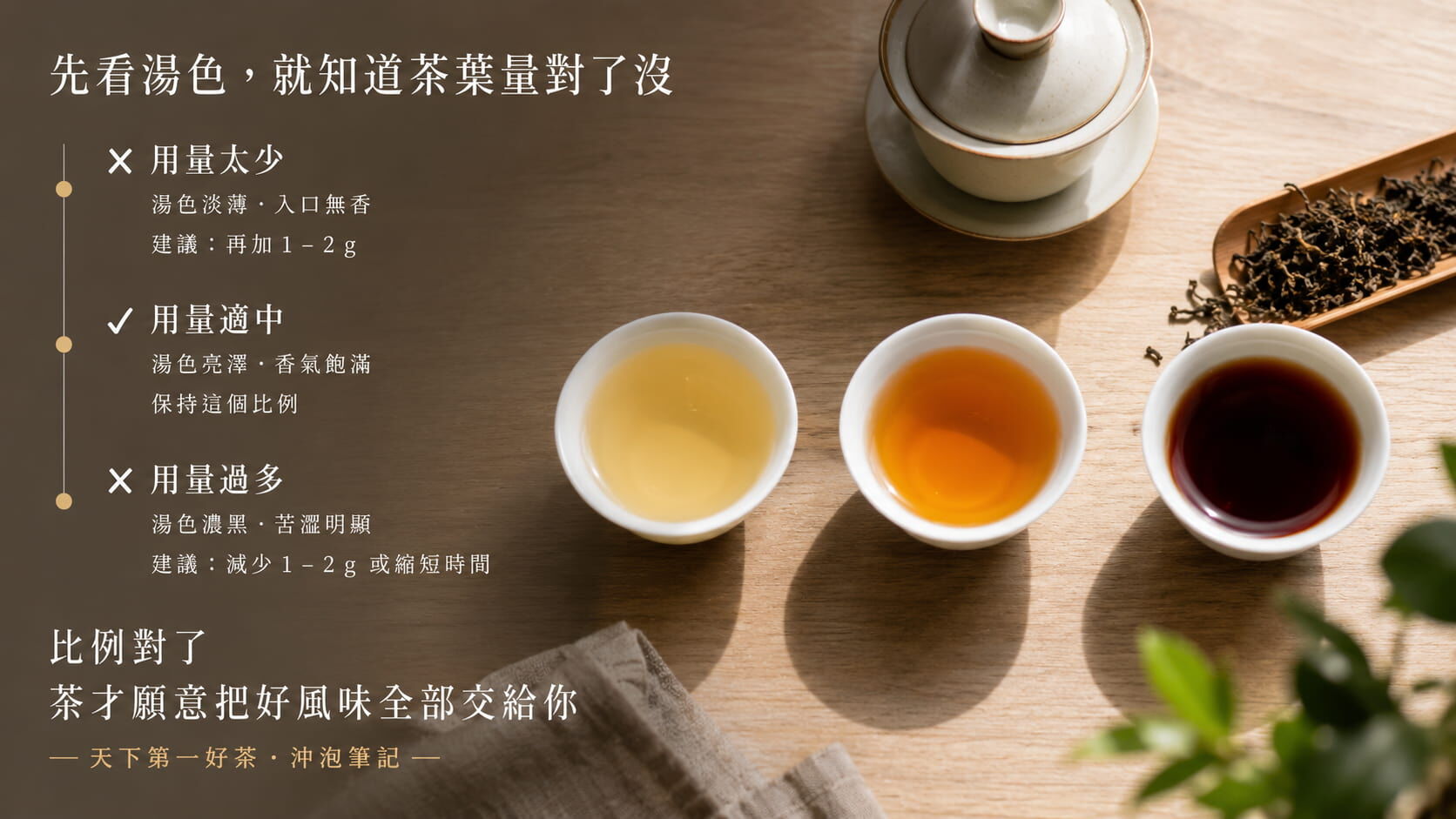 泡茶用量判斷對照圖，湯色淡薄為太少、湯色亮澤為適中、湯色濃黑為過多，並附加減用量建議