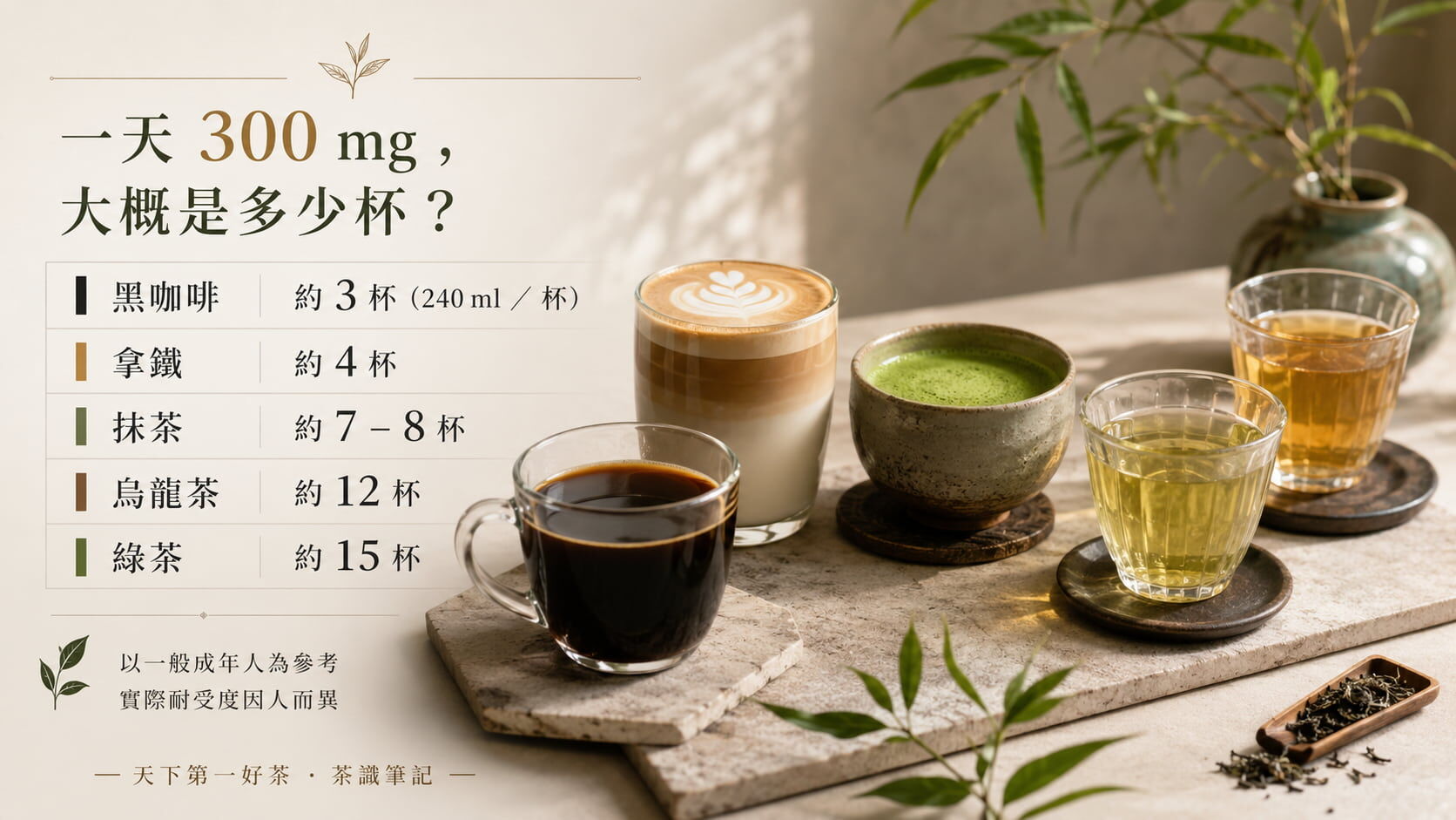 每日300毫克咖啡因攝取量換算參考圖，黑咖啡3杯、拿鐵4杯、抹茶7至8杯、烏龍12杯、綠茶15杯