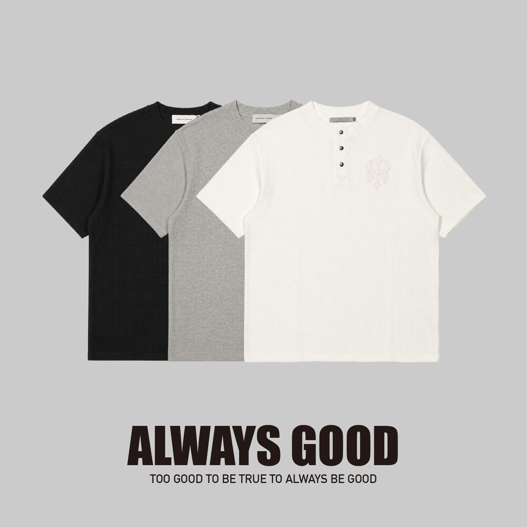 『Always_Good』皮標 華夫格 亨利領 短版 上衣