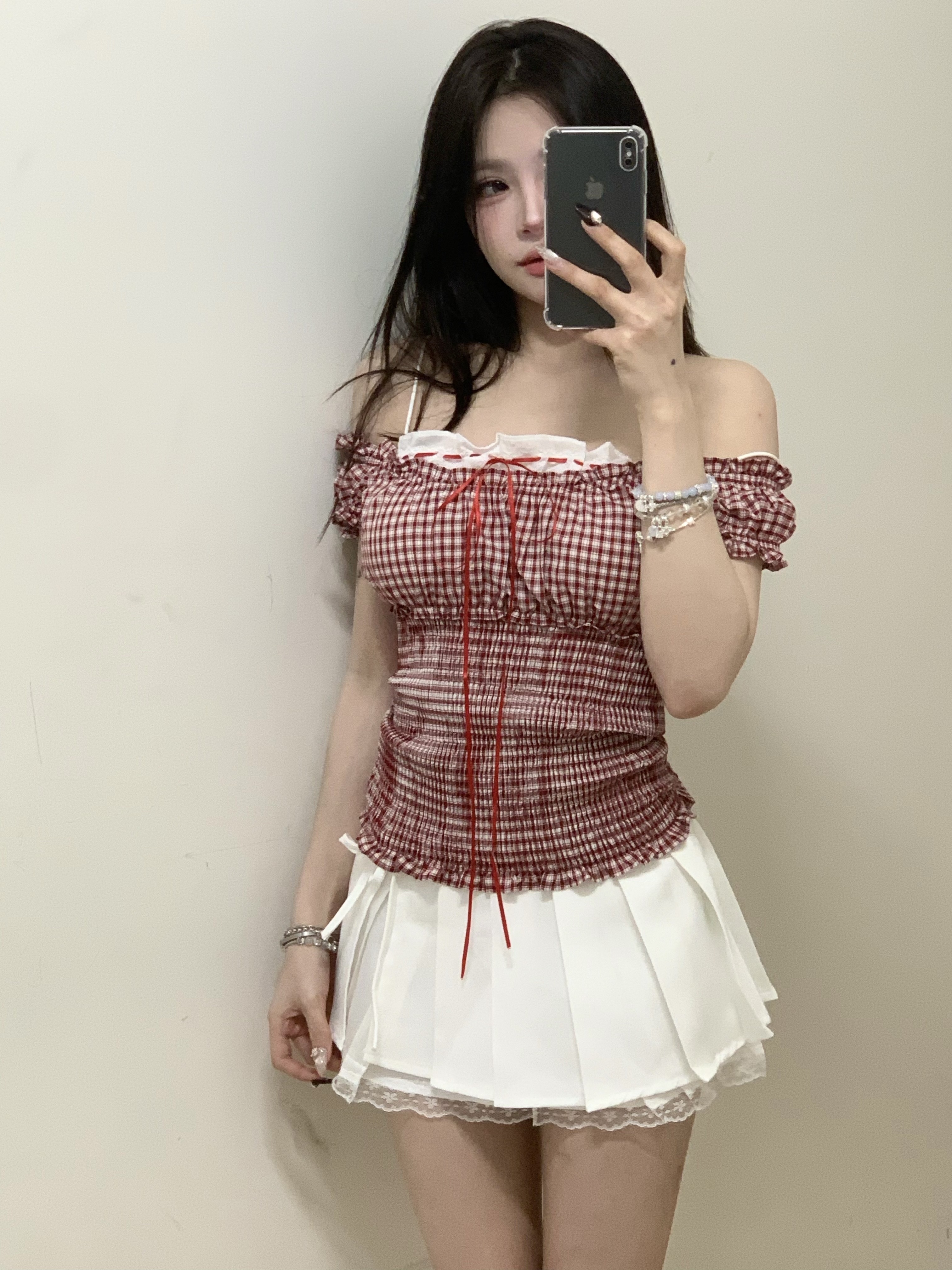 蕾絲格紋收腰上衣