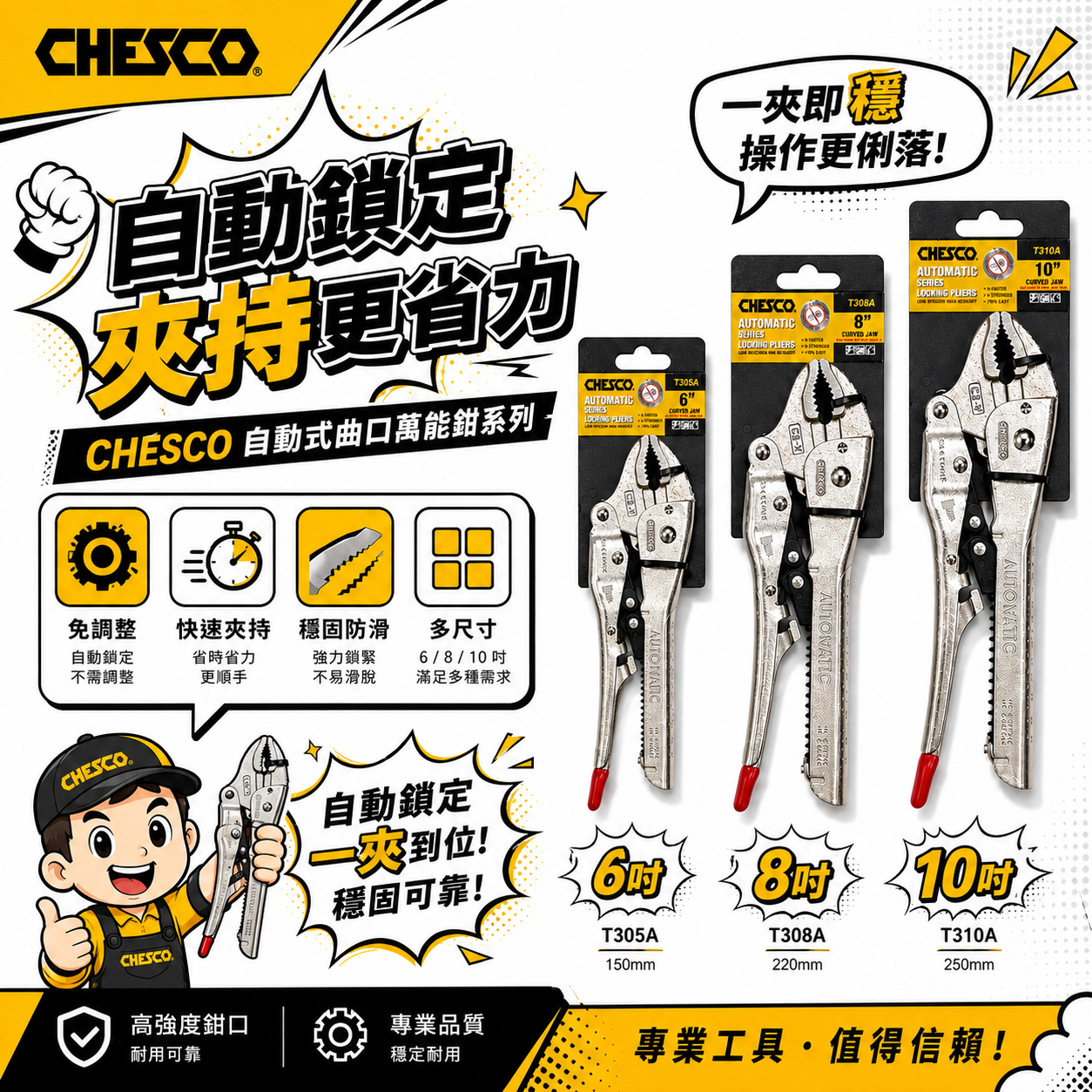 CHESCO 台灣製｜7WR 8WR 10WR手動型夾鉗 大力萬用鉗 鐵柄固定鉗 免調整萬能鉗｜6CJ｜8CJ｜10CJ