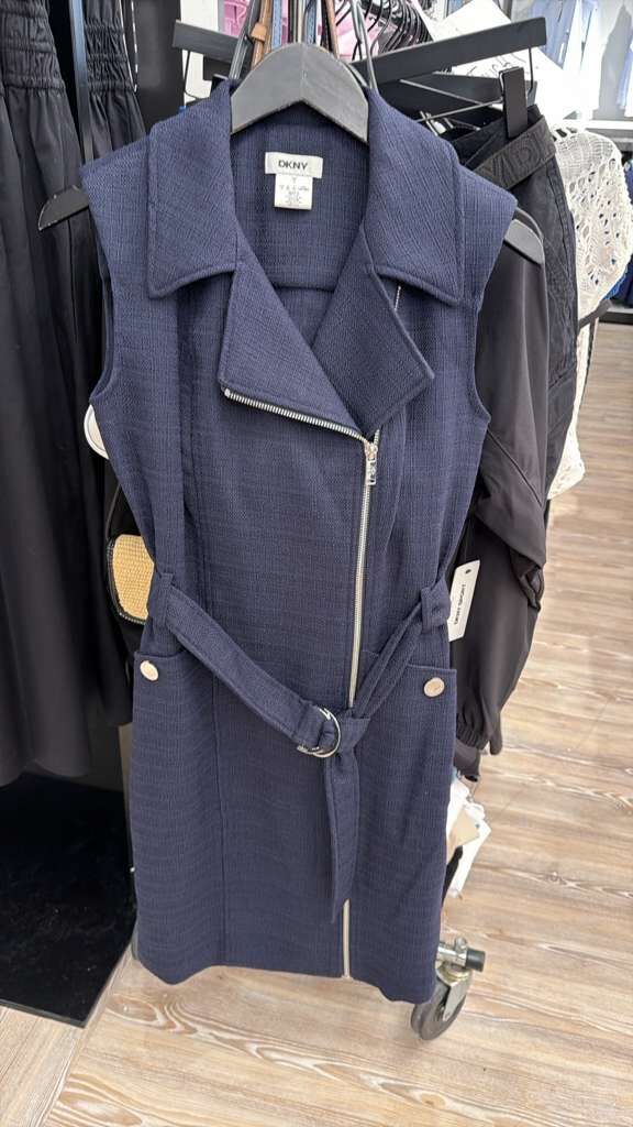 ZR058 DKNY 牛仔色翻領前拉鏈腰帶無袖外套連身裙