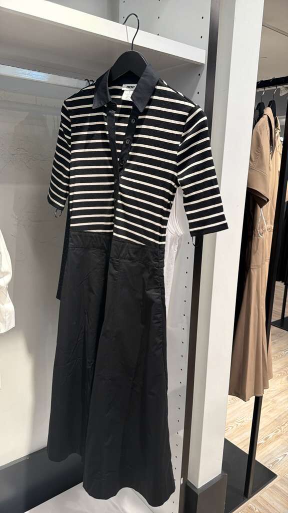 ZR008 DKNY 黑色間條中袖小企領連衣裙