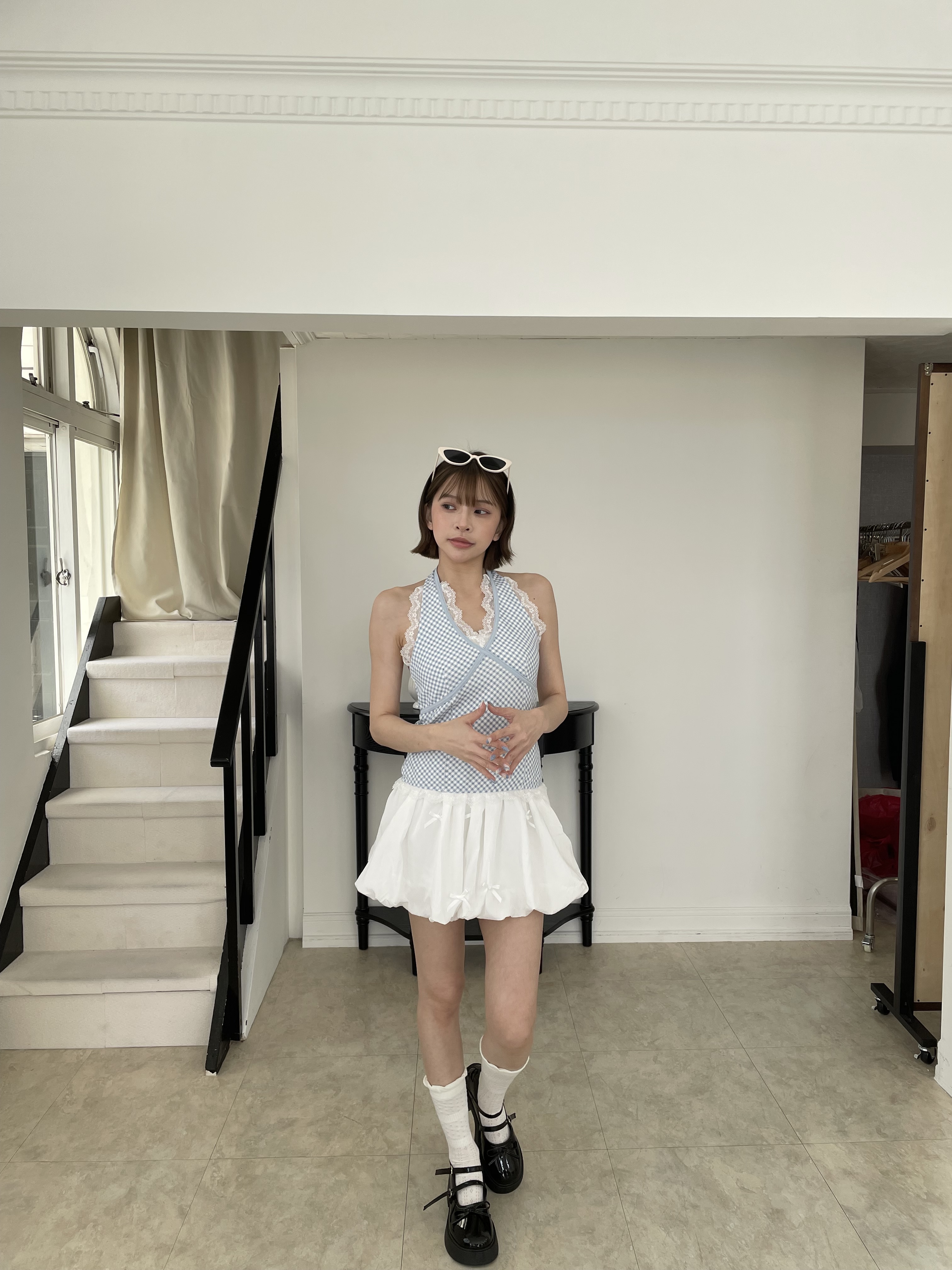 海灘必備!格紋蕾絲背心