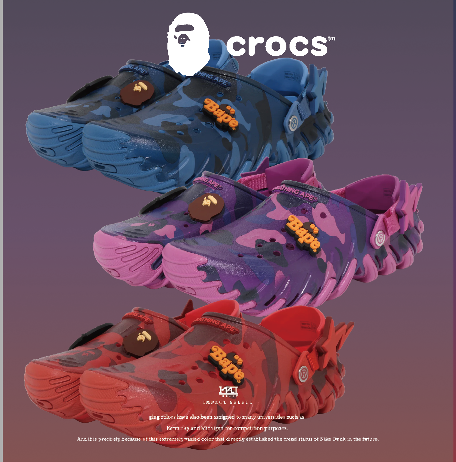 BAPE x Crocs Echo 聯名洞洞鞋 三色 藍 紫 紅