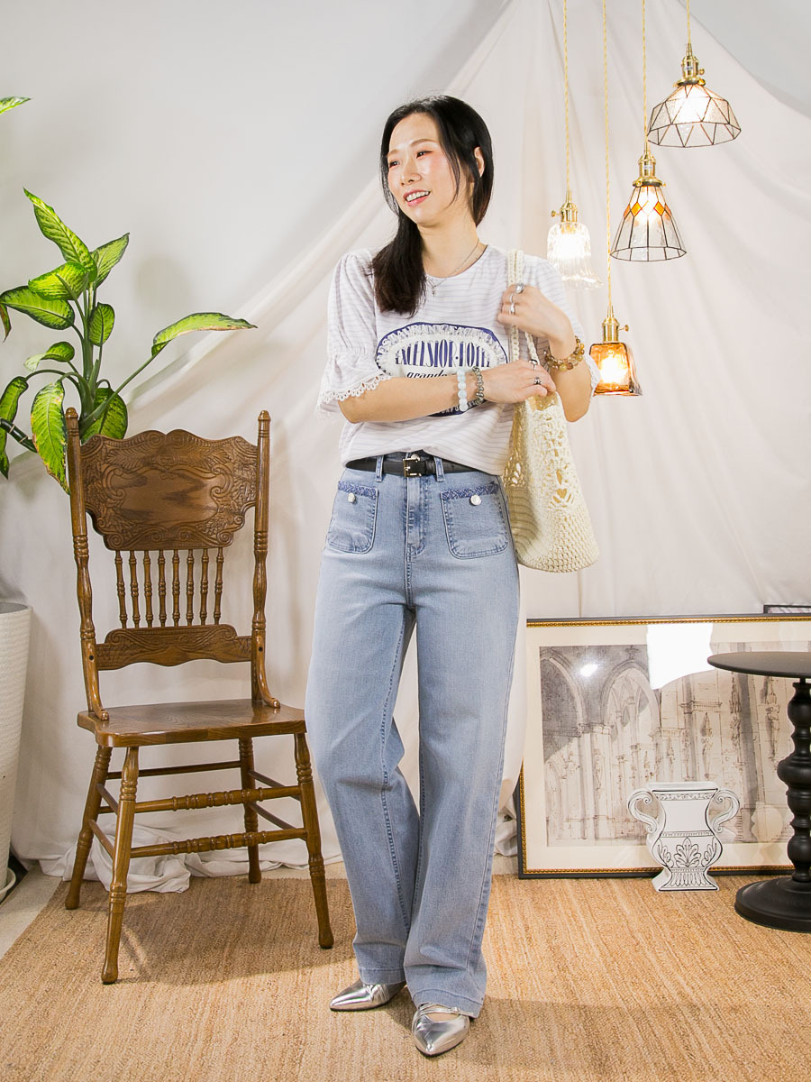 【15/5-17/5 限時優惠】胸位英文字PRINT．網布RUFFLE釘珍珠．橫間COTTON料TOP