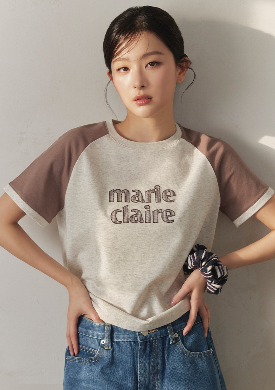 Marie Claire｜Colorblock Patch Raglan T-shirt (3colors)