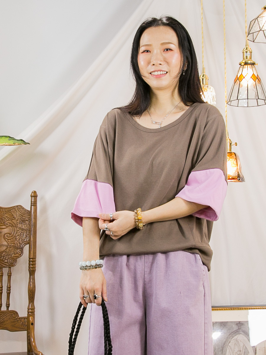 【低至50% SALE SALE SALE】手袖拼色 ．COTTON料TOP「不設退換」