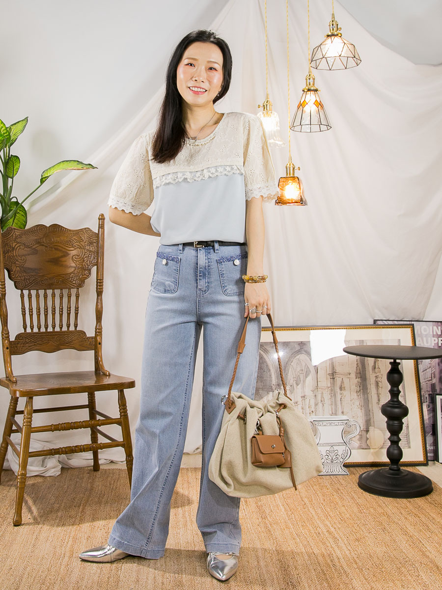 【15/5-17/5 限時優惠】手袖 領位通花刺繡麻棉料．領邊釘珍珠．雙面料TOP
