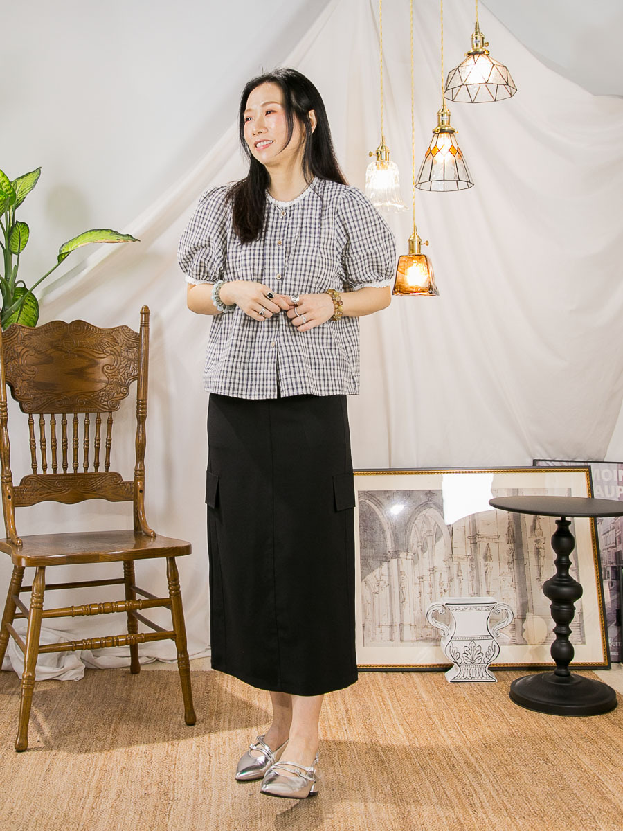 【15/5-17/5 限時優惠】全開胸扣鈕．領邊 袖口棉LACE．格仔麻棉料TOP