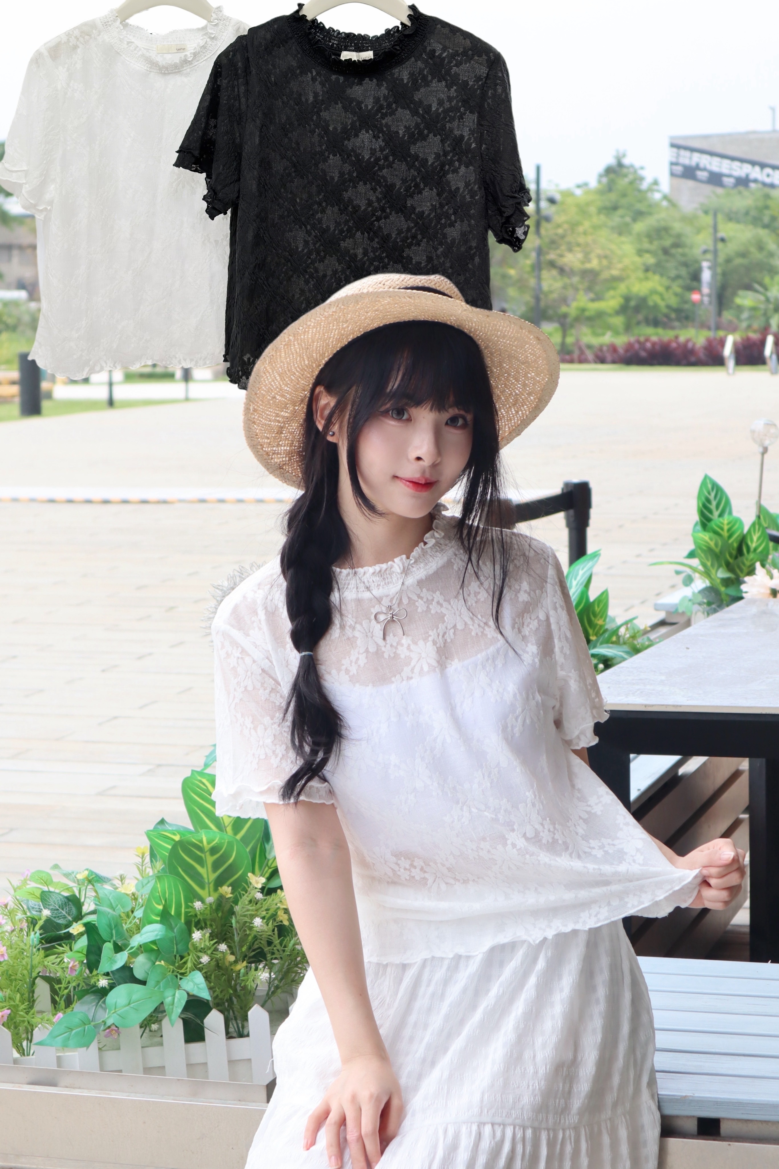 勁舒服~暗花ruffles合身上衣 兩色入