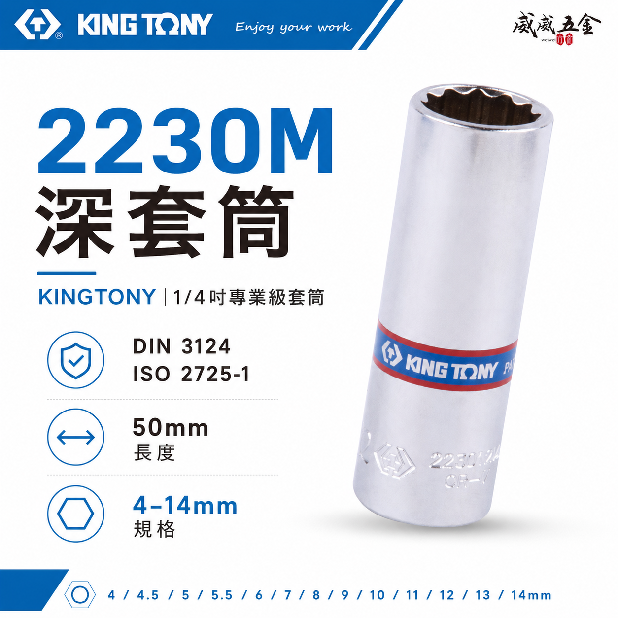 KING TONY 金統立｜零售-公制 1/4" 手動-長形套筒 十二角長套筒 兩分 2分12角長型套筒｜2230M 公制十二角長套筒