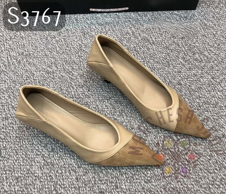 S3767 - 羊猄拼皮尖頭低踭鞋