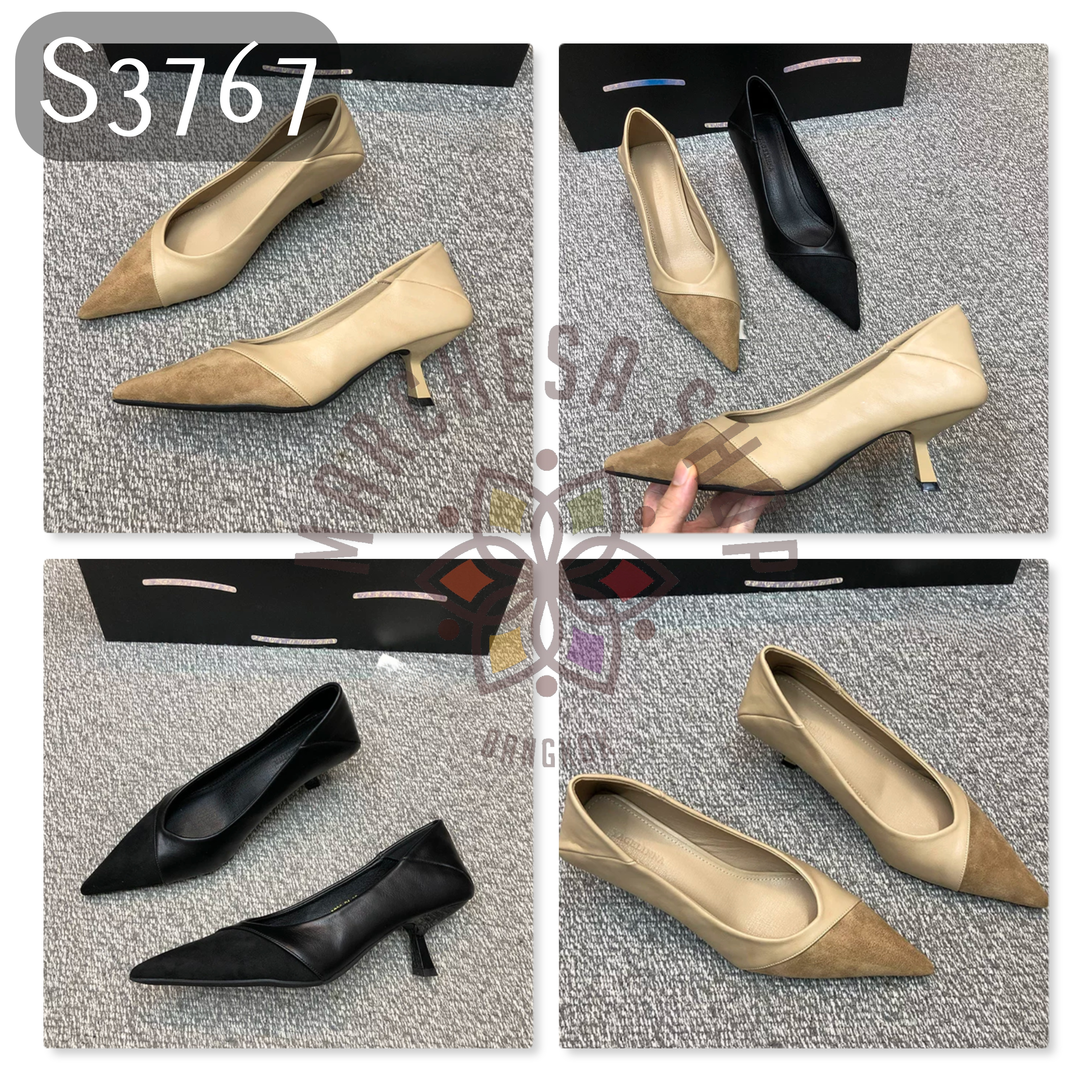 S3767 - 羊猄拼皮尖頭低踭鞋