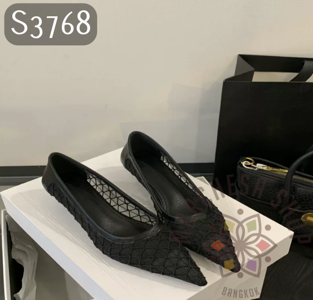 S3768 - 羊皮網紗格紋尖頭低踭鞋
