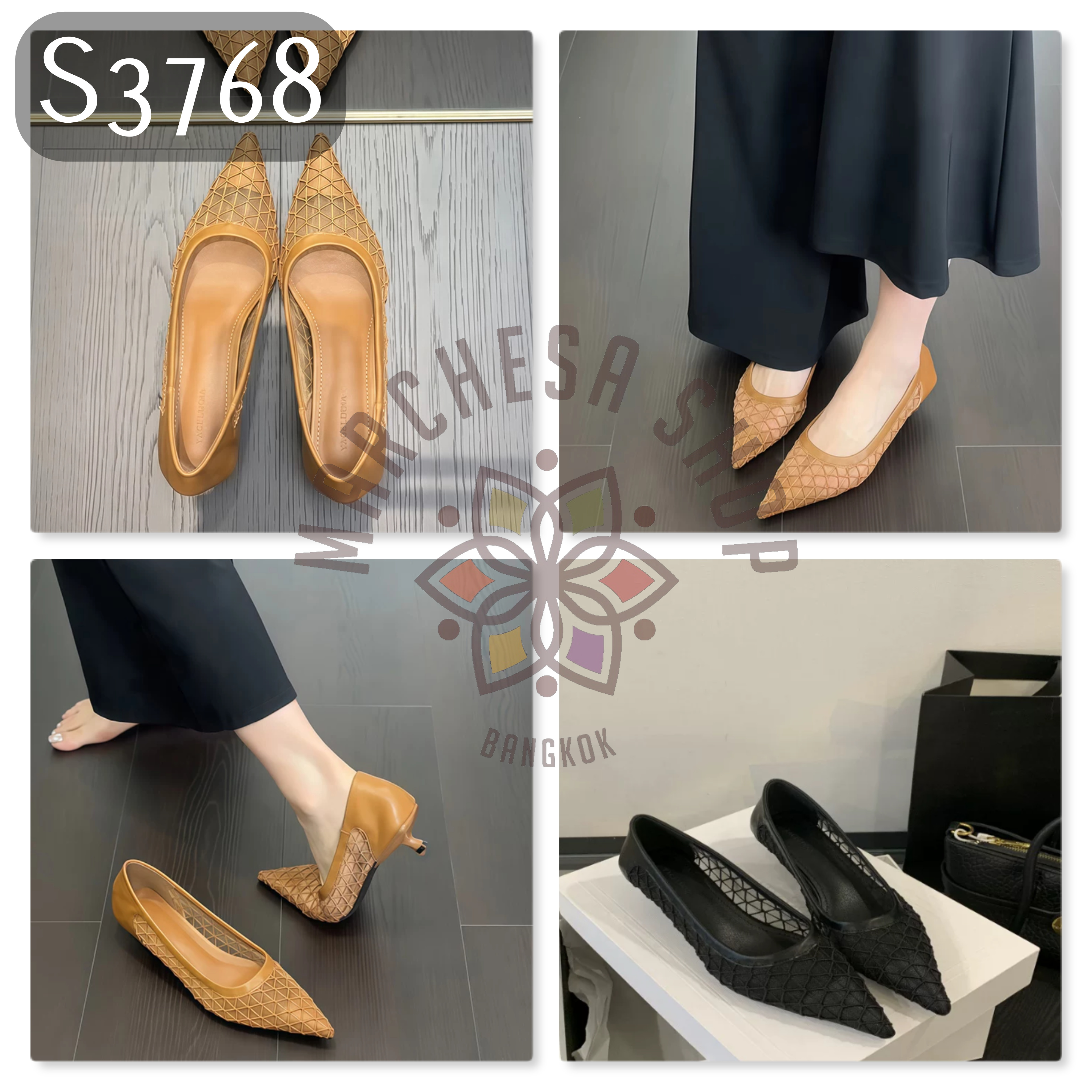 S3768 - 羊皮網紗格紋尖頭低踭鞋