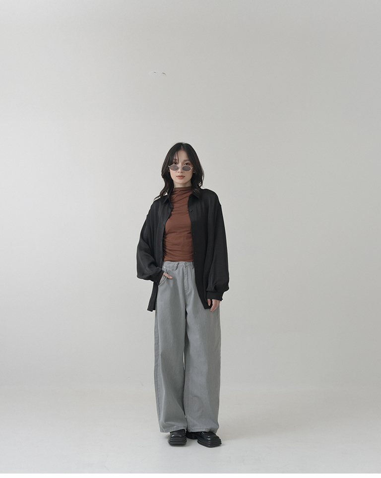 Textured satin wide-sleeved long-sleeved shirt - black【01025792】in stock+pre-order