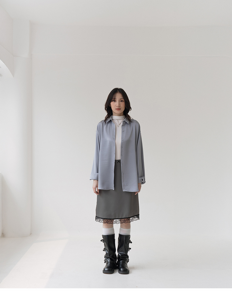 Textured satin wide-sleeved long-sleeved shirt - gray【01025793】in stock+pre-order