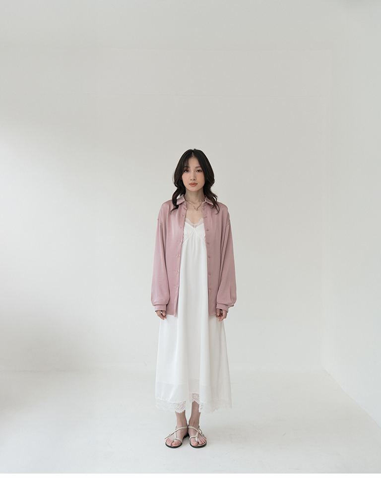 Textured satin wide-sleeved long-sleeved shirt - pink【01025794】in stock+pre-order