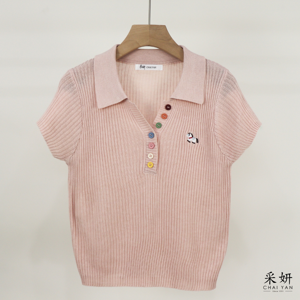 小馬刺繡針織袖上衣