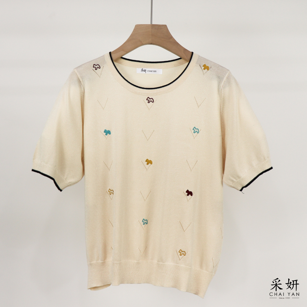 動物刺繡亮粉針織短袖上衣