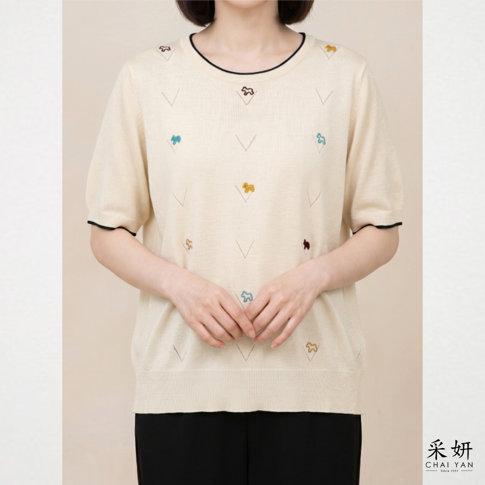 動物刺繡亮粉針織短袖上衣