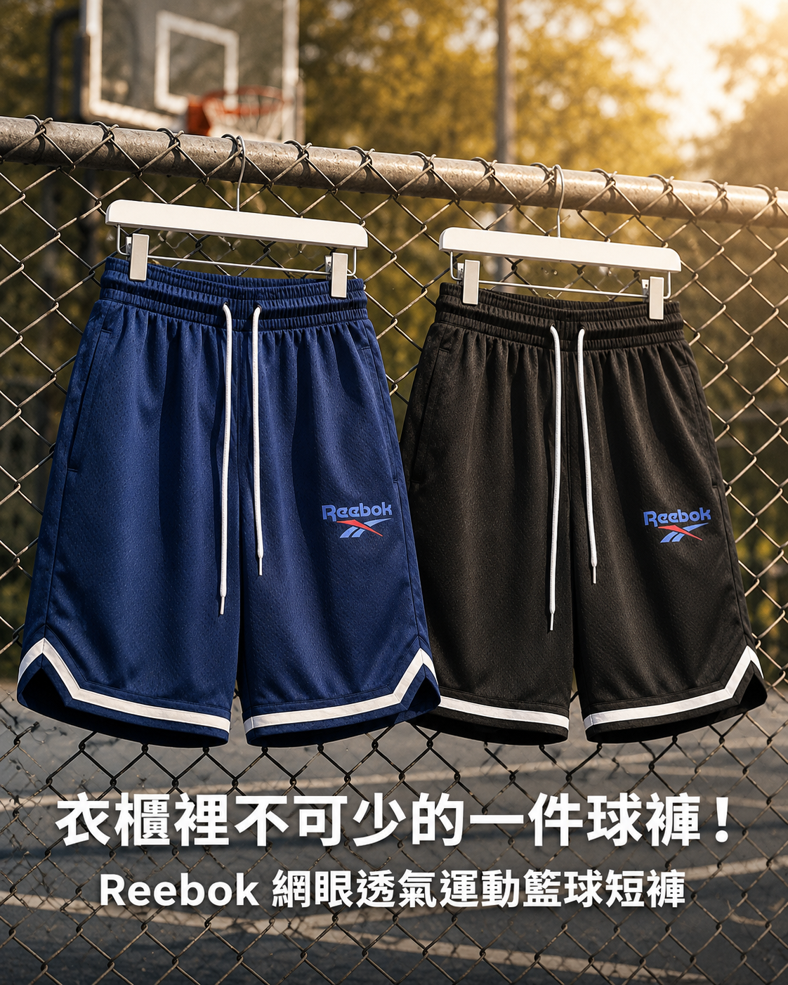 #預購 Reebok 美式復古 Cleanfit 輕薄透氣網眼 抽繩籃球褲 休閒短褲 兩色