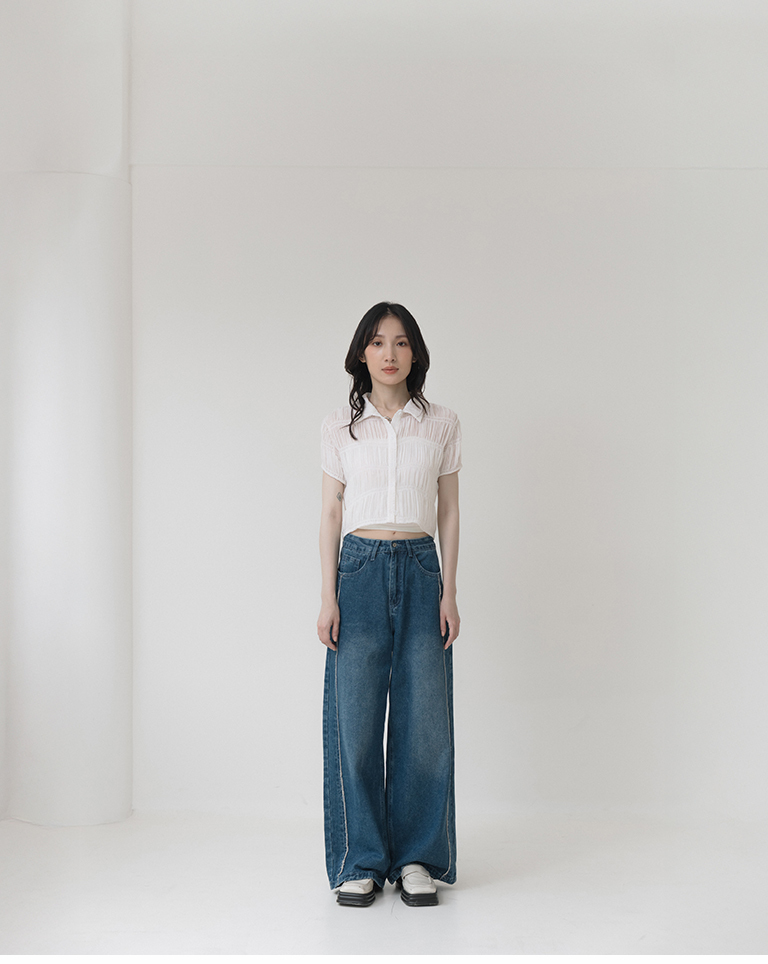 Wrinkled textured mesh sheer short-sleeved shirt - white【01025799】in stock+pre-order