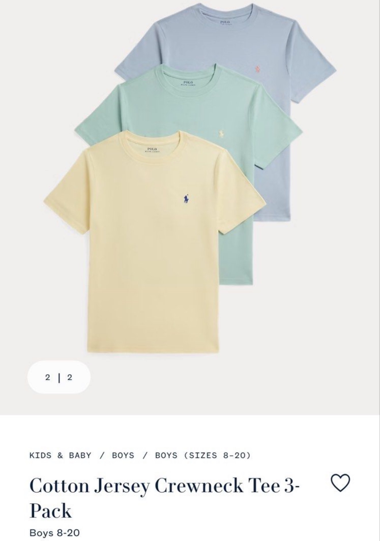 (現貨) 100%官方直送正貨 Polo Ralph Lauren Cotton Jersey Crewneck Tee 3pc set (Boy Size 8-20: Size L)